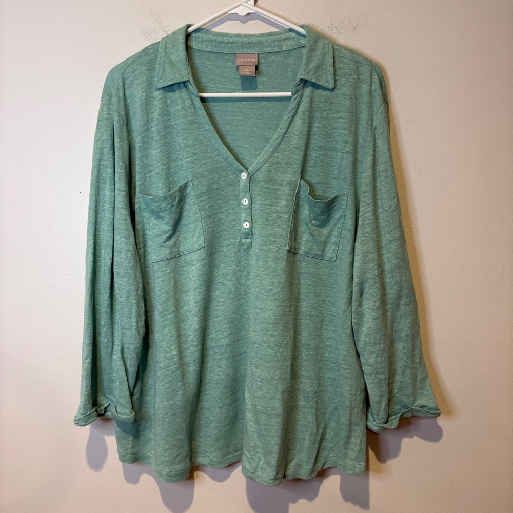 Chicos 100% Linen Long Sleeve V Neck Henley‎ Top Green Size 3 XL